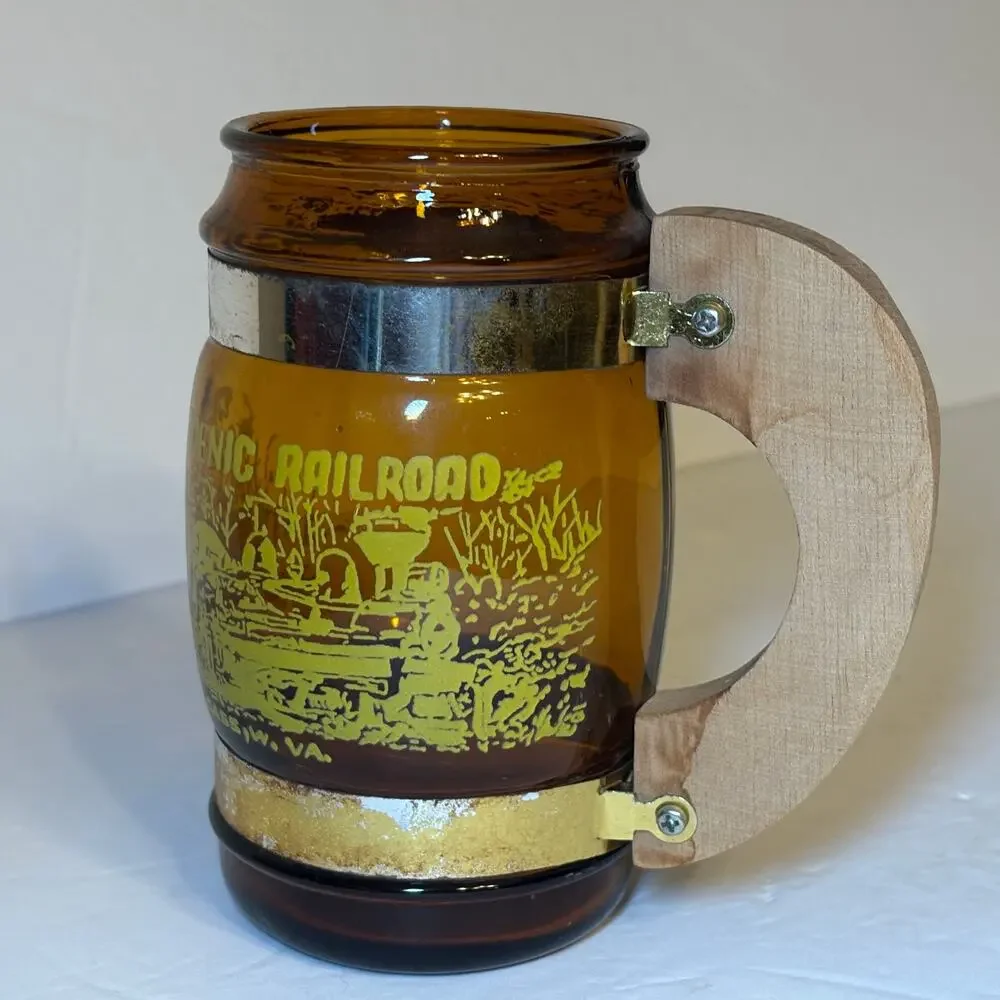 Vintage Cass Scenic Railroad West Virginia Souvenir Brown Glass Barrel Mug Wood